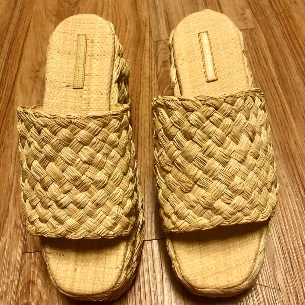 NWOB Loeffler Randall Natural Woven RAFFIA Aaron Platform Slide Sandals